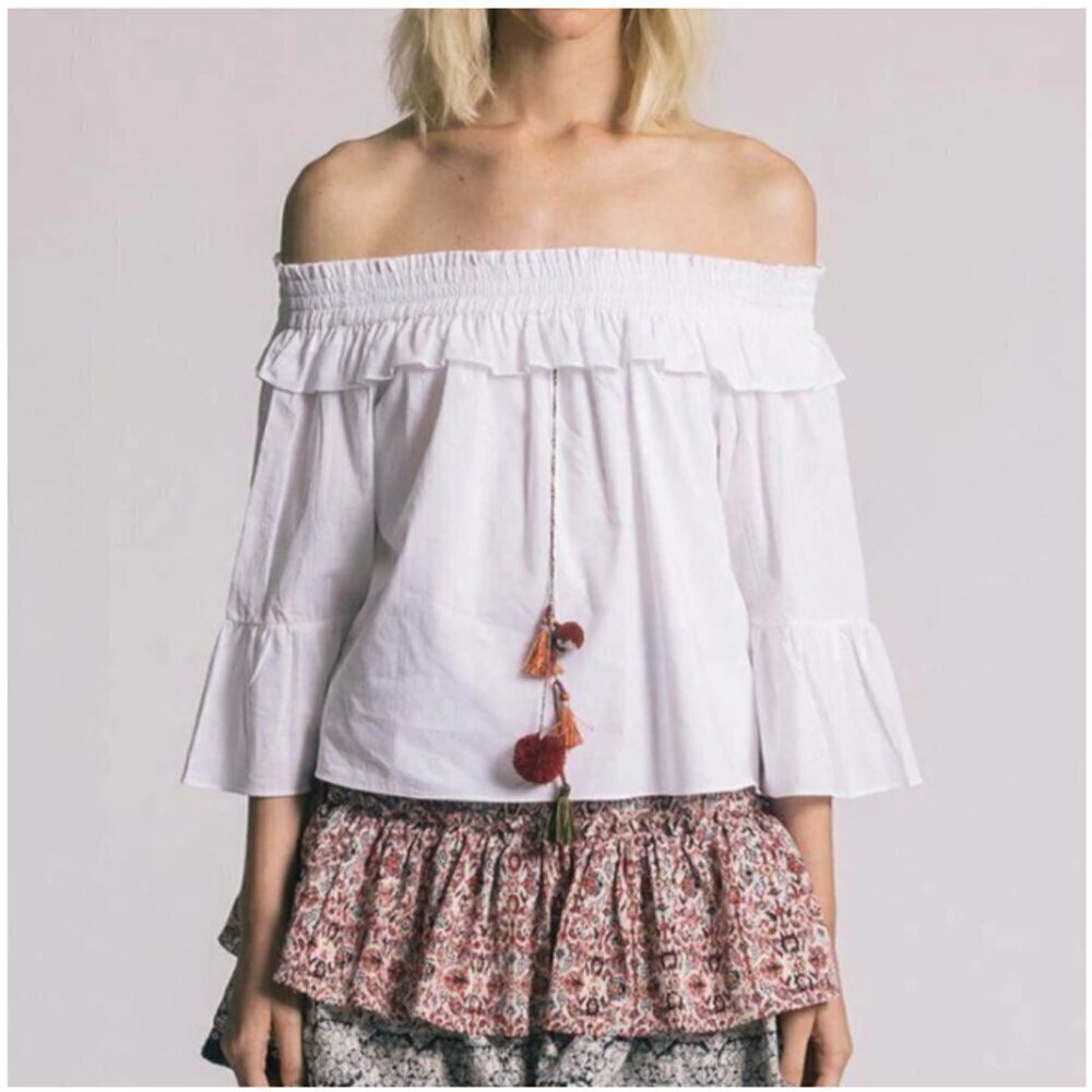 MISA White Cotton Off Shoulder Crop Top Bell Sleeve Boho Small